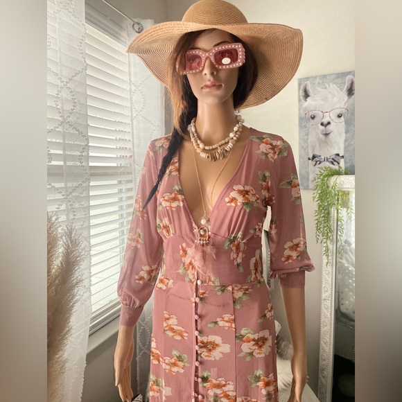 Long Sleeve Sheer Button Up Beach Bohemian Maxi Dress Size Small - Picture 2 of 6